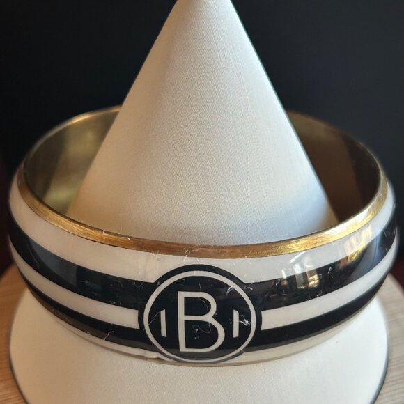 Vintage Black & White Striped Monogram "B" Bangle Bracelet w Gold Tone - Picture 6 of 7